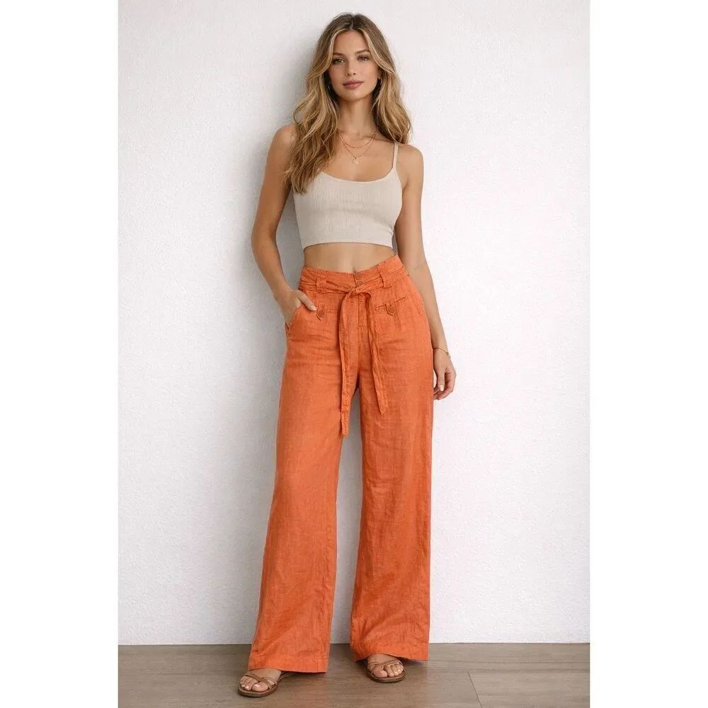 Esley Orange Linen Blend Wide Leg Pants Size M High Waist Tie Belt See Notes
